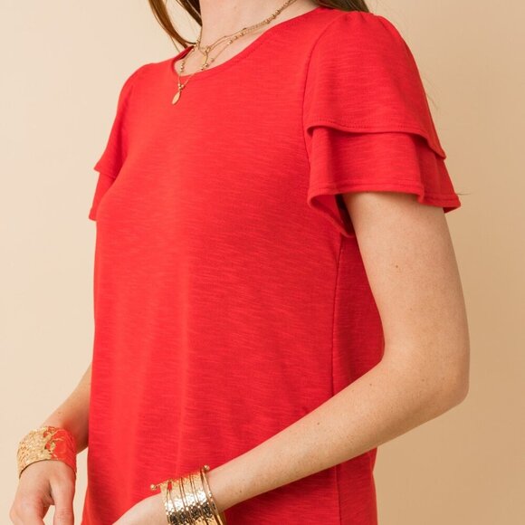 GILLI Red Flutter Sleeve Top – Short Sleeve Layered Ruffle Detail - Picture 4 of 5